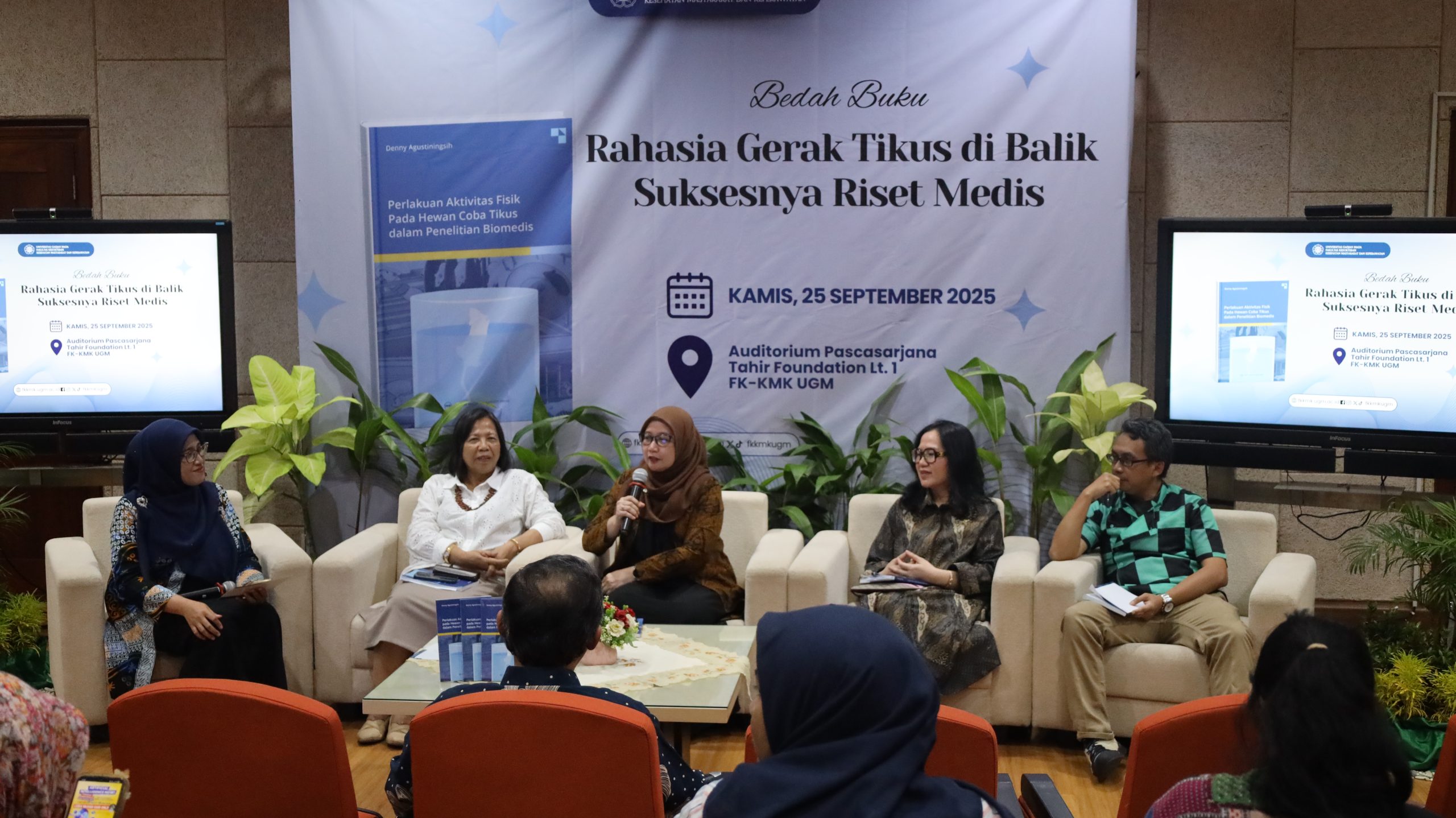 Fakultas Kedokteran, Kesehatan Masyarakat, dan Keperawatan (FK-KMK) UGM menyelenggarakan kegiatan bedah buku bertajuk “Rahasia Gerak Tikus di Balik Suksesnya Riset Medis”, pada Kamis (25/9)